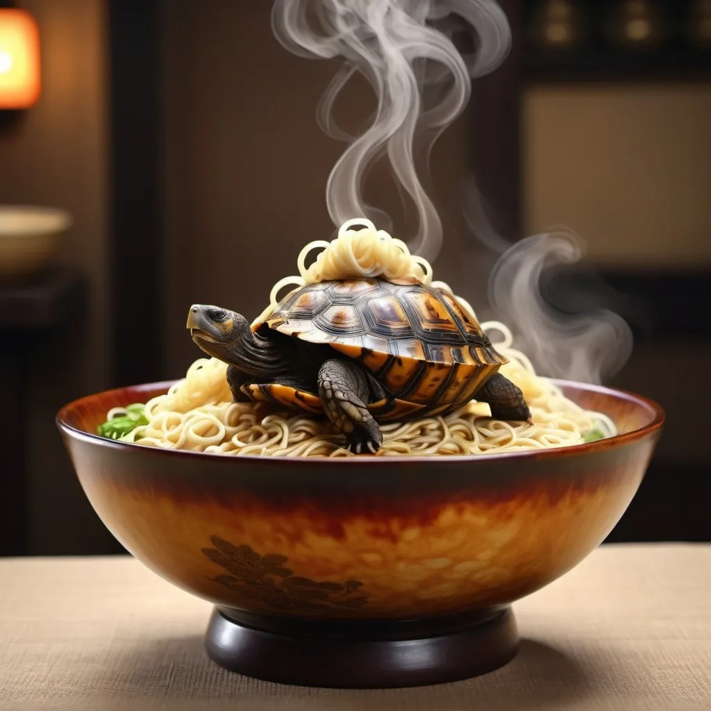 Prompt: tortoise shell bowl with steaming noodles and neutral background
