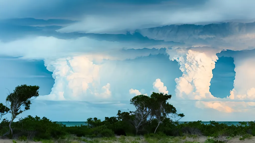 Prompt: A large convective cell cloud coming in off the ocean toward a tropical beach  photorealistic