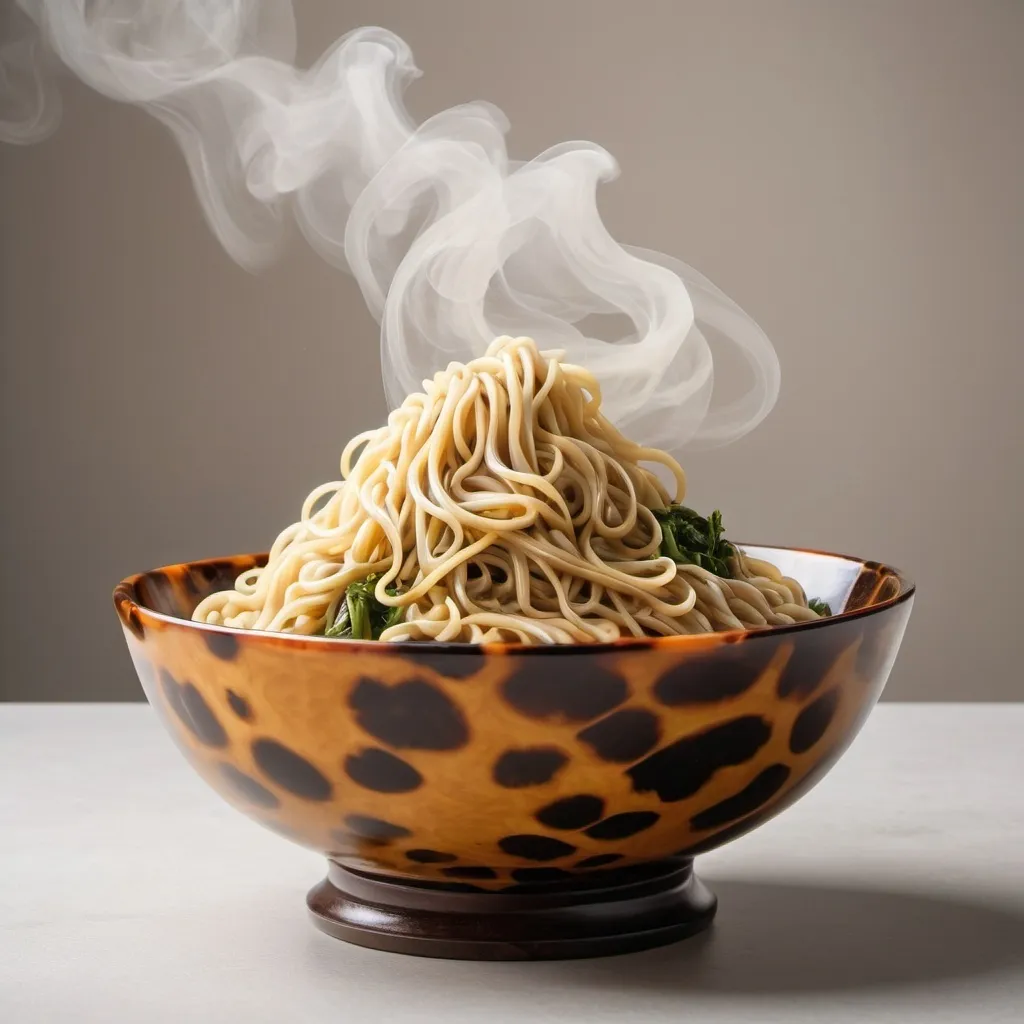 Prompt: tortoise shell bowl with steaming noodles and neutral background
