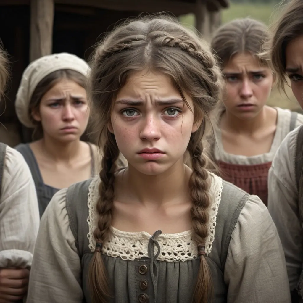 Prompt: Disgusted girl surrounded by peasants, wavy hair, sad clothes with crochet needles, high quality, detailed, realistic, impressionistic, desaturated tones, dim lighting, detailed facial expression, expressive eyes, disgusted expression, realist, peasant attire, rural setting, detailed hair, emotional scene, dramatic lighting