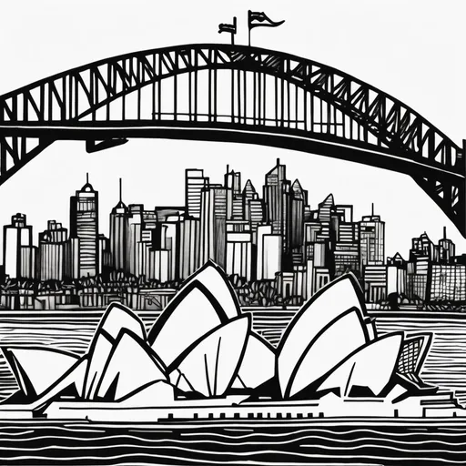 Prompt: sharpie drawing of sydney harbor containing sydney bridge and opera house