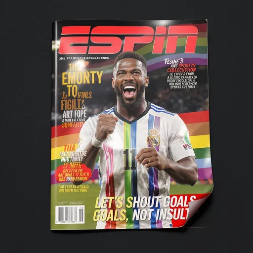 Prompt: quisiera que me crees una revista en base a una capaña para espn que es el canal deportivo , esta revista solo quisiera que sea un mockup de como se veria el contenido , me importa mas la portada ya que quisiera que se refleje los colores de la campaña que estamos trabajando , lo que debe proyectar la camapaña es esto 

Que en el espacio deportivo no puede haber una excepción a la empatía y el respeto.
Que las palabras sí afectan y tienen un impacto en las personas.
Que como un medio de comunicación masivo ESPN asume la responsabilidad de construir una cultura deportiva más inclusiva y respetuosa. 


esto es el  slogan de la campaña  

Gritemos goles, no insultos. 


los colores de la campaña a reflejar son colores rojos , negros , blancos y los colores representativos del lgtb que son rojo, naranja, amarillo, verde, azul y violeta