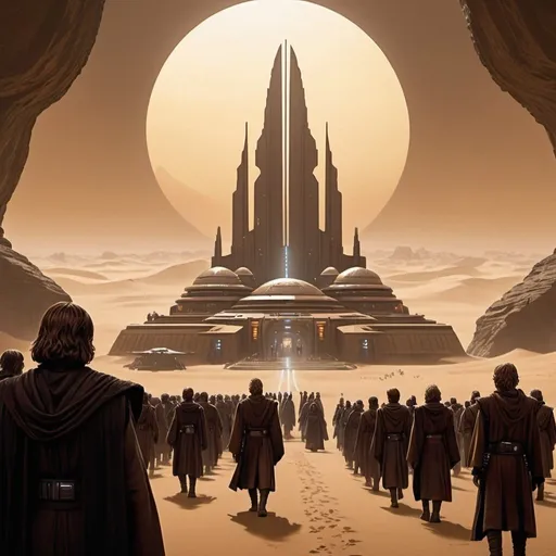 Prompt: Anakin arriving to the Jedi temple with clones in the night. The Jedi temple looks massive and as the dune movie Caladan’s raining planet architecture. Make emphasis on the place and people looks small. There are also covenant ships in the sky
