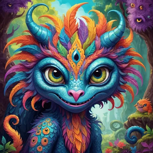 Prompt: fantasy monster (Dyslexia), vibrant colors, mythical design, whimsical features, large expressive eyes, playful posture, enchanting atmosphere, rich texture, high contrast, captivating and bright color palette, intricate detailing in fur and scales, magical background with swirling patterns, high quality, ultra-detailed, imaginative and colorful world. Talking to the school teacher Miss Patel 