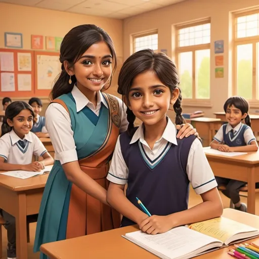 Prompt: (anime style), warm color scheme, (Miss Patel), Indian school teacher, (Piper), beautiful 8-year-old niece, (Luca), 8-year-old boy, cheerful atmosphere, vibrant expressions, cozy classroom background, colorful educational materials, engaging interaction, gentle lighting, ultra-detailed, heartwarming scene showcasing a nurturing relationship among the characters.