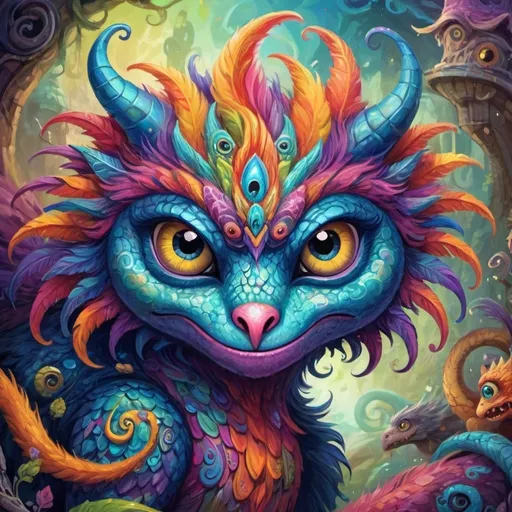 Prompt: fantasy monster (Dyslexia), vibrant colors, mythical design, whimsical features, large expressive eyes, playful posture, enchanting atmosphere, rich texture, high contrast, captivating and bright color palette, intricate detailing in fur and scales, magical background with swirling patterns, high quality, ultra-detailed, imaginative and colorful world.