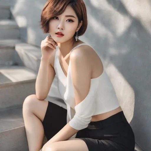 Prompt: Gorgeous, young Korean woman with short, bob-cut hair, light makeup that accentuates her natural beauty, with tattoos, and showing off her creamy white skin while pleasuring herself.