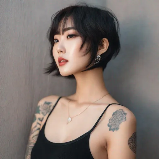 Prompt: Gorgeous, young Korean woman with short, bob-cut hair, light makeup that accentuates her natural beauty, covered in tattoos from head to toe, who is showing off her body body.