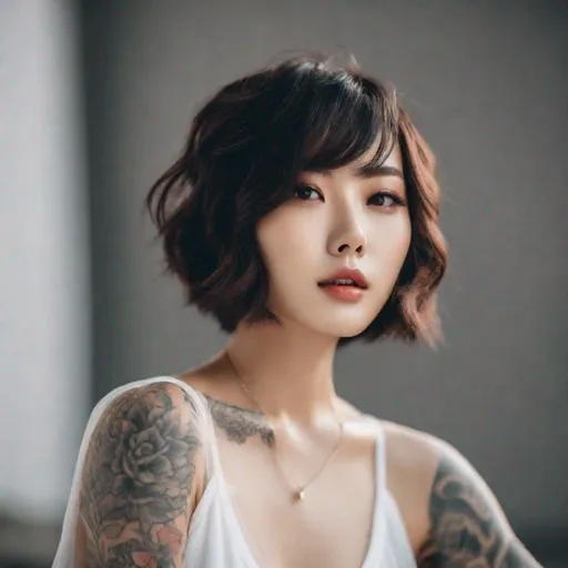 Prompt: Gorgeous, young Korean model with short, bob-cut hair, light makeup that accentuates her natural beauty, covered in tattoos from head to toe, who is showing off her body body.