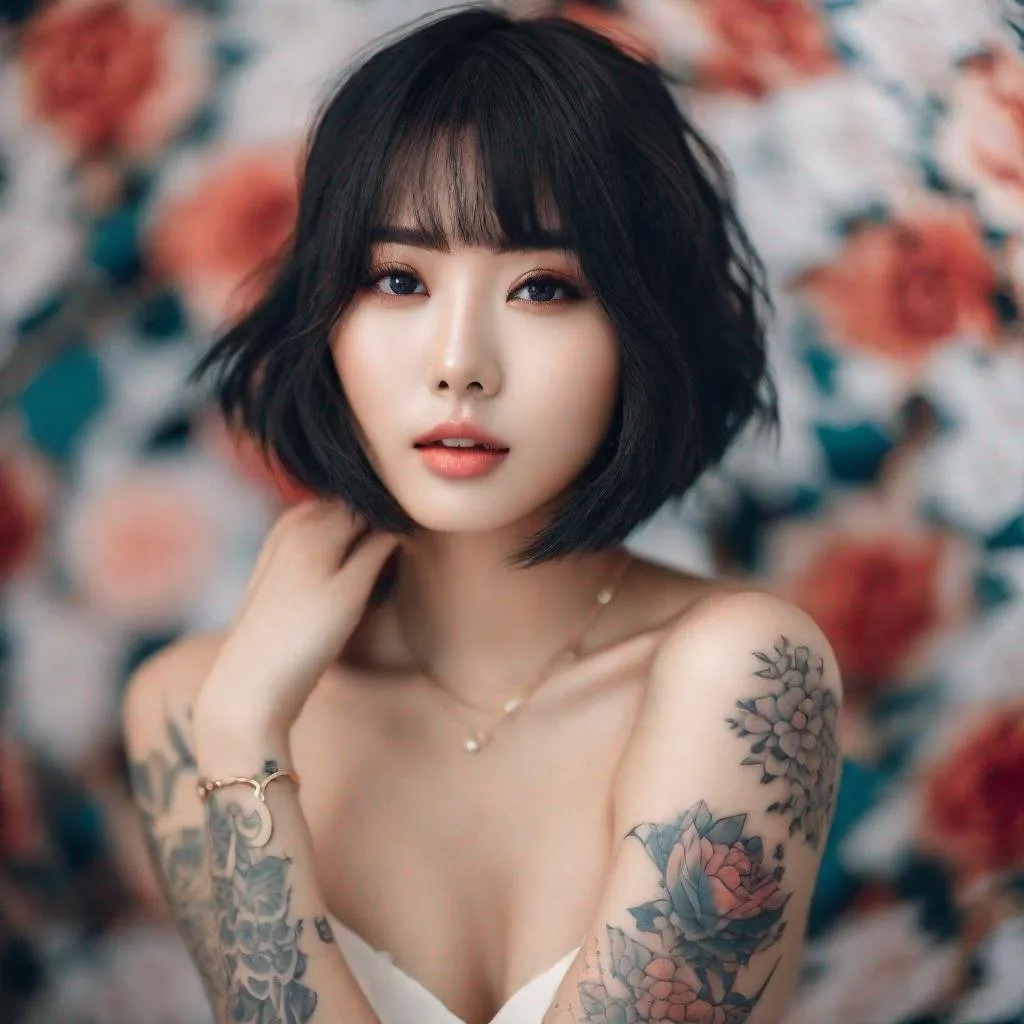 Prompt: Gorgeous, young Korean woman with short, bob-cut hair, light makeup that accentuates her natural beauty, covered in tattoos, and showing off her creamy white skin and her entire body.