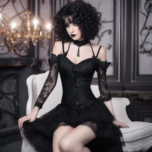 Prompt: Gorgeous goth girl with shoulder-length, curly hair showing off her lacy stockings
