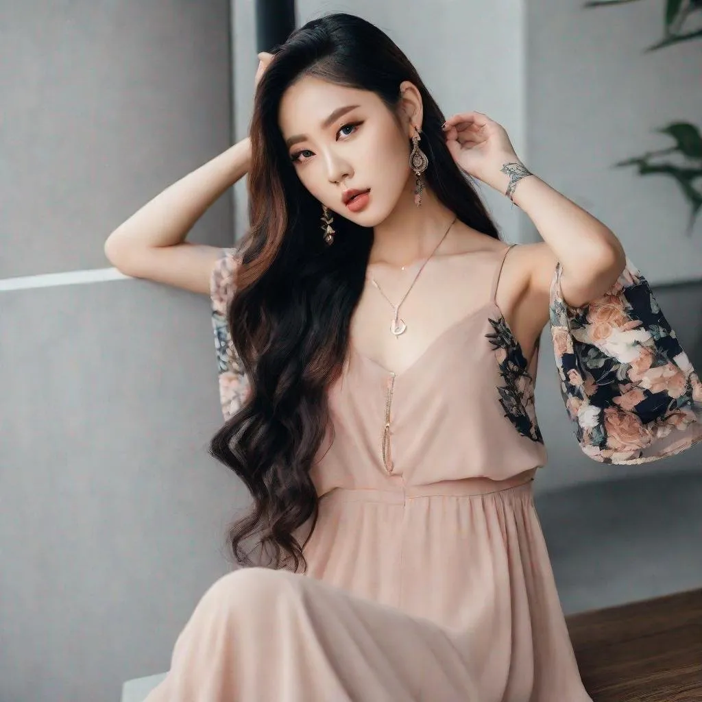 Prompt: Gorgeous, young Korean model sticking her tongue out with long, wavy hair, light makeup that accentuates her natural beauty, covered in tattoos from head to toe, and wearing a low cut dress.