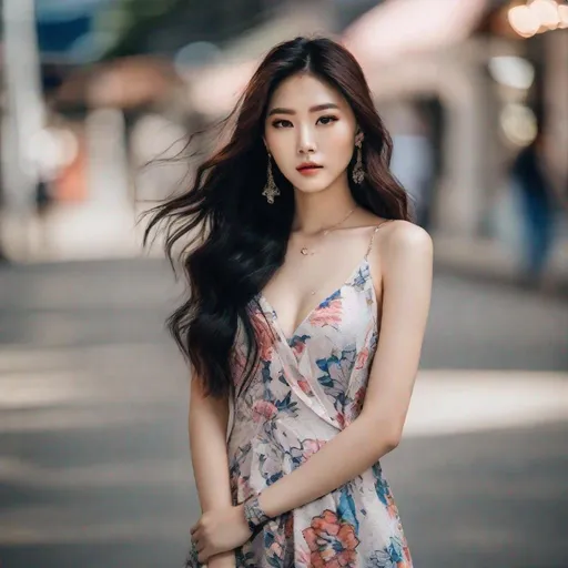Prompt: Gorgeous, young Korean model with long, wavy hair, light makeup that accentuates her natural beauty, covered in tattoos from head to toe, and wearing a low cut dress.