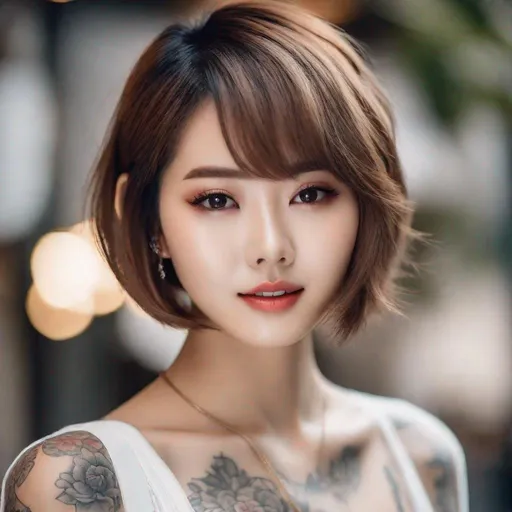 Prompt: Gorgeous, young Korean woman with short, bob-cut hair, light makeup that accentuates her natural beauty, covered in tattoos, and showing off her creamy white skin while pleasuring herself.
