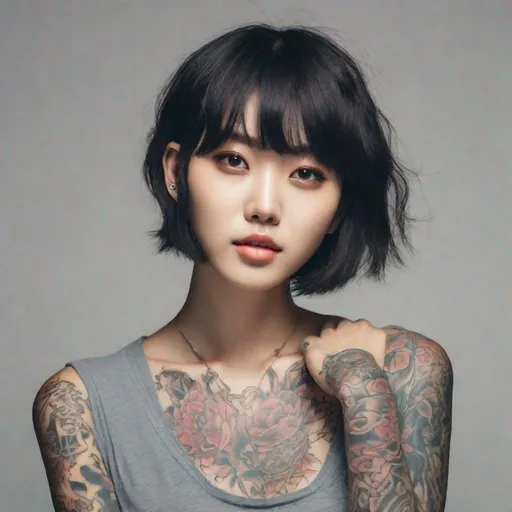 Prompt: Gorgeous, young Korean model with short, bob-cut hair, light makeup that accentuates her natural beauty, covered in tattoos from head to toe, who is showing off her beautiful body.