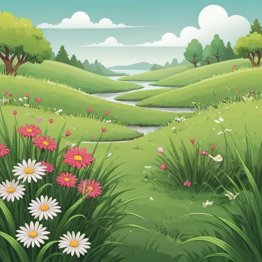 Prompt: illustration of grass and flowers on land