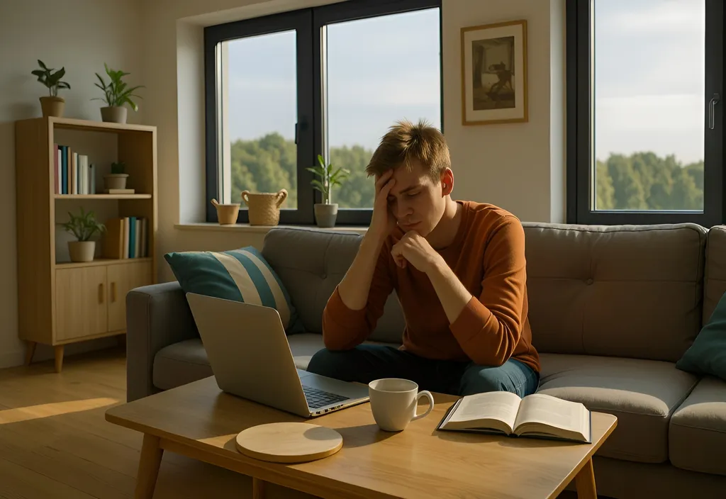 Prompt: In a softly lit living room, a young man sits conveying a sense of frustration or a headache. He is dressed in a cozy orange sweater, surrounded by a minimalist yet inviting space. The modern gray couch features a blue and white striped cushion, while a wooden coffee table holds an open book and a white mug, suggesting a moment of reflection. Sunlight filters through large windows, illuminating the greenery outside and creating a warm, serene atmosphere that contrasts with the young man's evident headaches. The scene encapsulates a moment of quiet introspection in a well-appointed home environment. Zoom out more to show more of the room he is sitting in using a subtle field of depth - adjust the sun to be more warm and giving the room a subtle yellow glow. Create several angles of the same composition