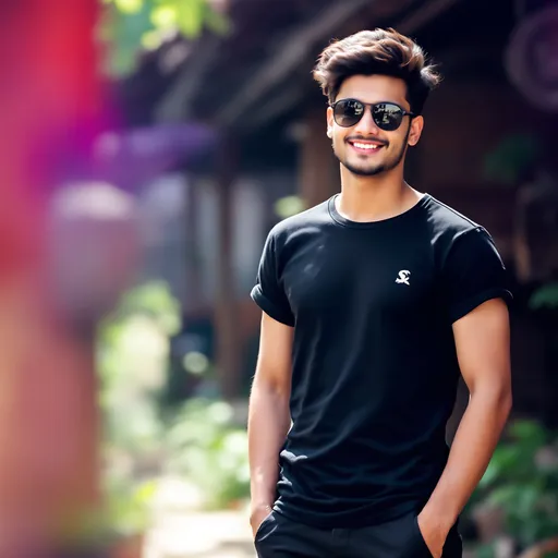 Prompt: Standing confidently in a vibrant outdoor setting, a young man wears a casual black t-shirt adorned with a subtle logo, paired with dark pants. His stylish sunglasses reflect the surroundings as he smiles, exuding a sense of coolness and ease. The background features a hint of greenery and a rustic structure, illuminated by soft, natural light that enhances the relaxed atmosphere. The composition captures a casual moment, with the focus on the subject, while the slightly blurred edges of the scene create an inviting, laid-back vibe. The overall mood conveys a youthful spirit and a carefree attitude, perfect for a sunny day.