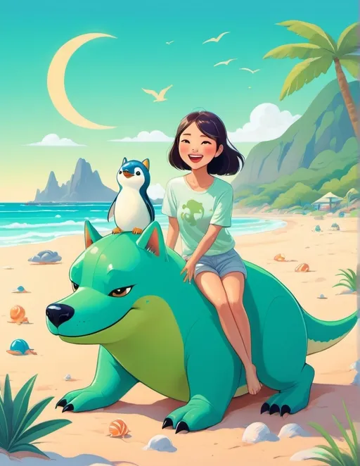 Prompt: Cartoon illustration of an Asian lady, surrounded by a large Shiba Inu, a playful blue penguin, and a big green dinosaur, on a beach, vibrant and lively color palette, high quality, detailed cartoon, cute and heartwarming, playful and youthful, pastel tones, soft and warm lighting, playful characters, 4k, ultra-detailed, cartoon, heartwarming, vibrant colors, cute characters, soft lighting