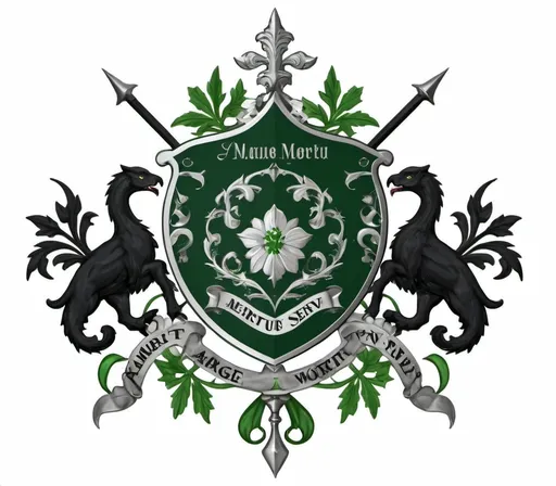 Prompt: family crest of a floral emblem with green and silver colour also have family motto which is "Heritage guides us, merit defines us. The Pure lead, the worthy serve.", high quality, white background, classic style, flat, 2d
