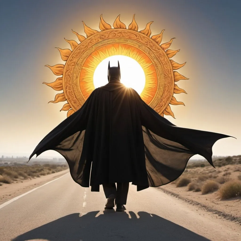 Prompt: A jewish religious man is walking with the sun in his nack. He's wearing his Taleth and with the wind he looks like a batman 