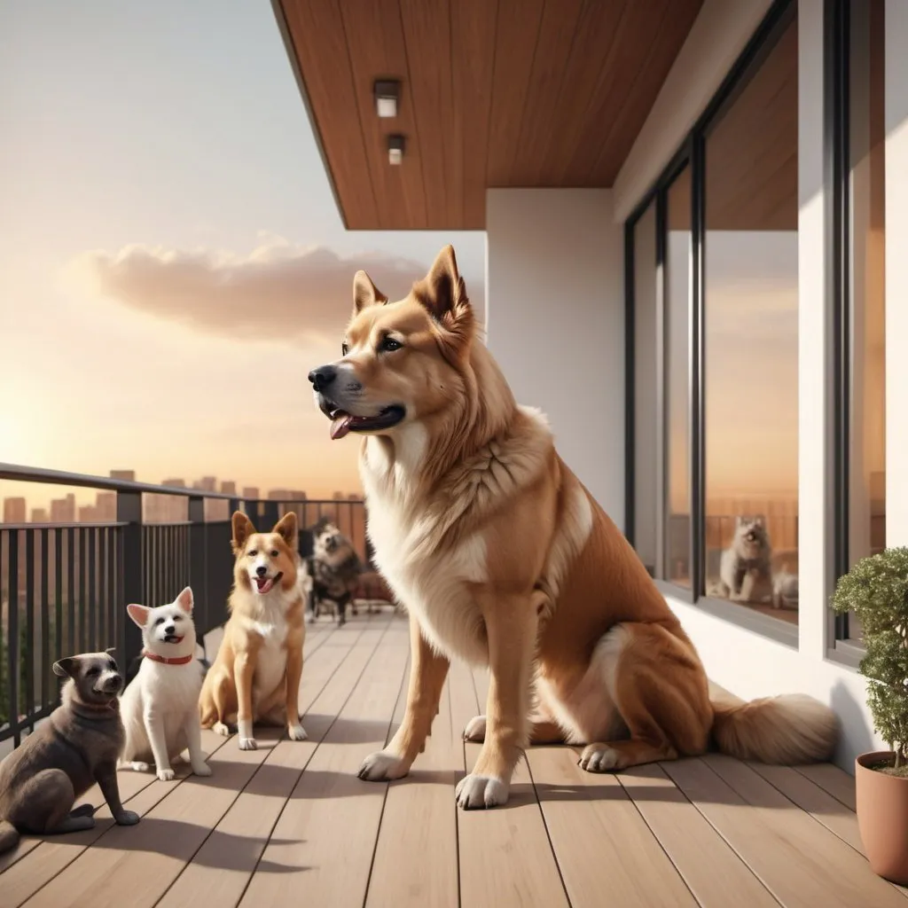Prompt: Detailed, realistic 3D rendering of a majestic dog sitting on a modern balcony, surrounded by other contented pets, warm tones, natural lighting, high quality, realistic, 3D rendering, detailed fur, serene atmosphere, modern architecture, happy pets