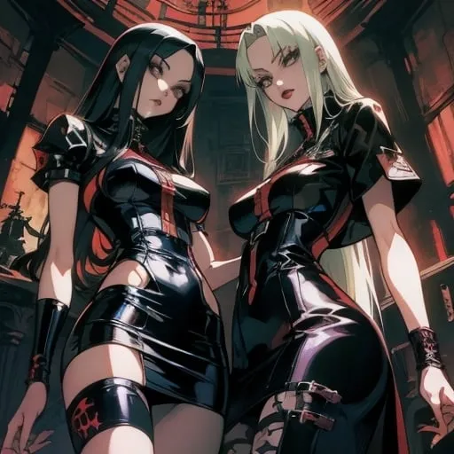 Prompt: 1990s anime style illustration of a goth girl mistery standing with showcasing long legs, idealized anatomy infused with Hellsing aesthetic influences, face boasting finely detailed features, attire adorned with post-punk elements, digital painting, dramatic lighting, ultra fine, view from down