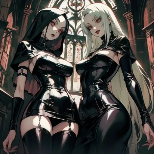 Prompt: Generate an image of three gothic nuns with a dark and mysterious atmosphere. The nuns should be dressed in tight, black leather outfits wearing traditional nun veils. They should have pale skin, red eyes, striking makeup, face embodying classic beauty. They are Place them in a grand, dimly-lit cathedral with gothic architecture in the background. The overall style should be dark, detailed, and evocative of a supernatural, almost vampiric theme, Hellsing  anime style, 1990s anime style, Ergo Proxy vibe, dramatic smooth lighting, fine details