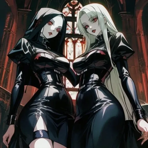 Prompt: Generate an image of three gothic nuns with a dark and mysterious atmosphere. The nuns should be dressed in tight, black leather outfits wearing traditional nun veils. They should have pale skin, red eyes, striking makeup, face embodying classic beauty. They are Place them in a grand, dimly-lit cathedral with gothic architecture in the background. The overall style should be dark, detailed, and evocative of a supernatural, almost vampiric theme, Hellsing  anime style, 1990s anime style, Ergo Proxy vibe, dramatic smooth lighting, fine details