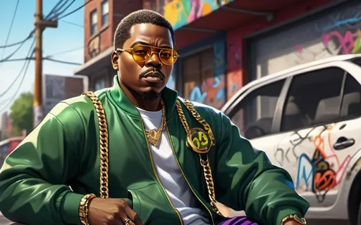 Prompt: (animation style), (vibrant color scheme), Marcus Garvey character, wearing a stylish track suit, fashionable spectacles, adorned with gold chains, dynamic expression, energetic pose, background featuring urban scene with graffiti and bright colors, high detail, ultra-detailed, bright lighting, lively and engaging atmosphere.