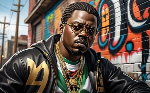 Prompt: (realism style), vibrant color scheme, (Marcus Garvey) as the central figure, wearing a stylish track suit, fashionable spectacles perched on his nose, adorned with gold chains gleaming against his outfit, expressive facial features showing confidence, urban background with graffiti art, meticulous detail on accessories, high quality, 4K resolution, dramatic lighting enhancing the vibrant hues.