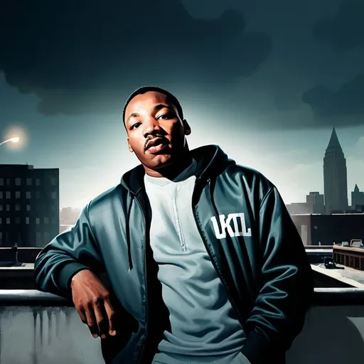 Prompt: photorealistic, (cool color scheme), Martin Luther King Jr. wearing a hoodie and snapback cap, contemplative expression, urban setting, subtle city background blending into shadows, high-quality detail, evocative atmosphere capturing resilience and hope, dramatic lighting emphasizing his features, expressive artistry reflecting social justice themes.