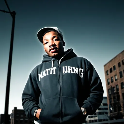 Prompt: photorealistic, (cool color scheme), Martin Luther King Jr. wearing a hoodie and snapback cap, contemplative expression, urban setting, subtle city background blending into shadows, high-quality detail, evocative atmosphere capturing resilience and hope, dramatic lighting emphasizing his features, expressive artistry reflecting social justice themes.