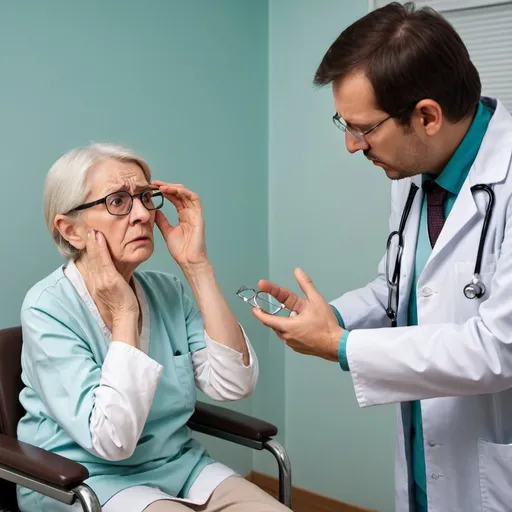 Prompt: Annoyed doctor facing elderly female patient complaining of dizziness in an examination room. doctor is holding Frenzel glasses in one hand. the patient looks nauseaous.