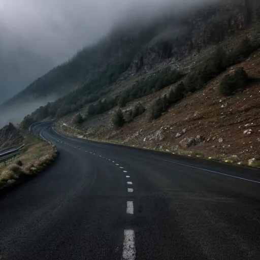 Prompt: Car driving through mountain pass, misty atmosphere, realistic landscape, high quality, detailed, scenic view, mountainous terrain, winding road, dynamic lighting, vibrant colors, majestic scenery