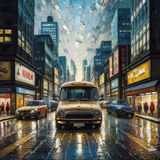 Prompt: Mini bus parked in the middle of a bustling city street, realistic oil painting, detailed urban environment, high quality, professional, realistic, vibrant cityscape, dynamic lighting, bright and lively atmosphere, busy traffic, realistic oil painting, urban, detailed environment, vibrant colors, dynamic lighting, bustling street, realistic, high quality