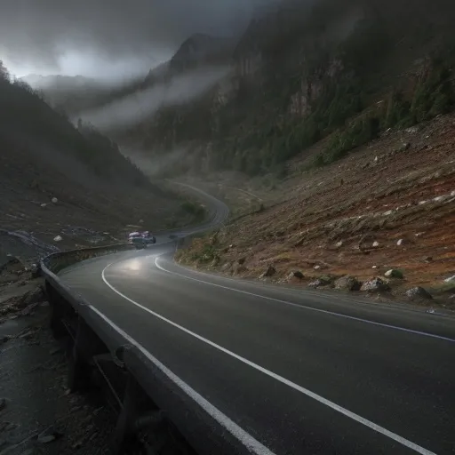 Prompt: Car driving through mountain pass, misty atmosphere, realistic landscape, high quality, detailed, scenic view, mountainous terrain, winding road, dynamic lighting, vibrant colors, majestic scenery