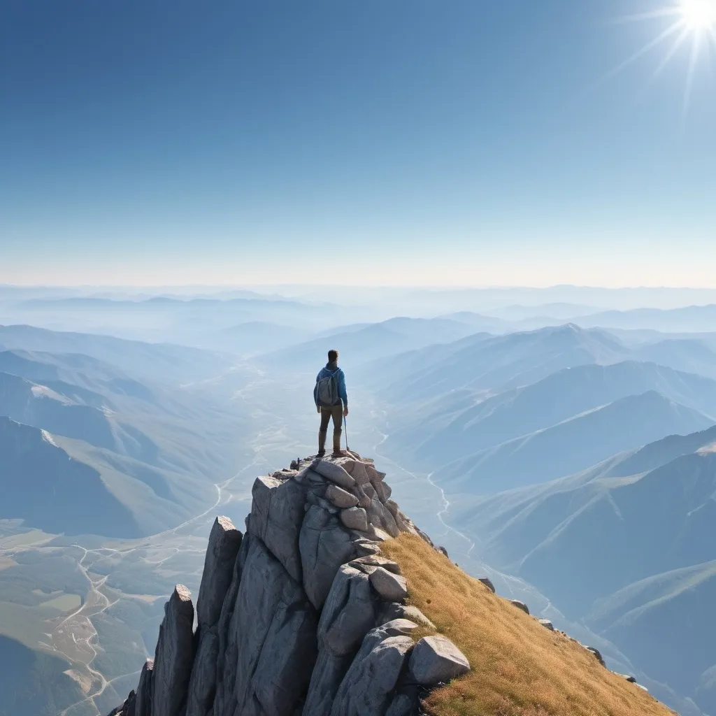 Prompt: Person standing on mountain peak, realistic mountain landscape, clear blue sky, high quality, photorealistic, natural lighting, serene atmosphere, solo traveler, majestic view, rugged terrain, distant horizon, peaceful solitude, tranquil moment