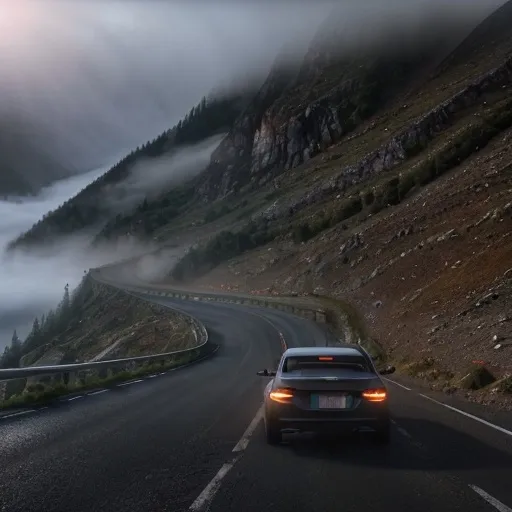 Prompt: Car driving through mountain pass, misty atmosphere, realistic landscape, high quality, detailed, scenic view, mountainous terrain, winding road, dynamic lighting, vibrant colors, majestic scenery