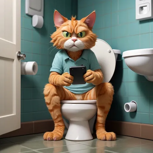 Prompt: a cat sitting on a toilet with a cell phone in its paws and a caption that reads, i don't care if it is a cat, Carlos Catasse, furry art, cute and funny, a stock photo