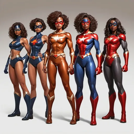 Prompt: Full body brown skin  five female superhero futuretic 