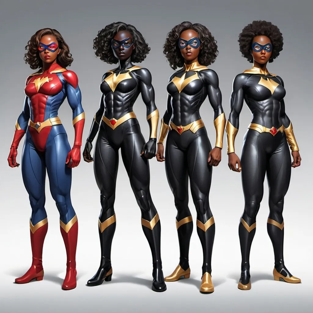 Prompt: Full body black skin  five female superhero futuretic 