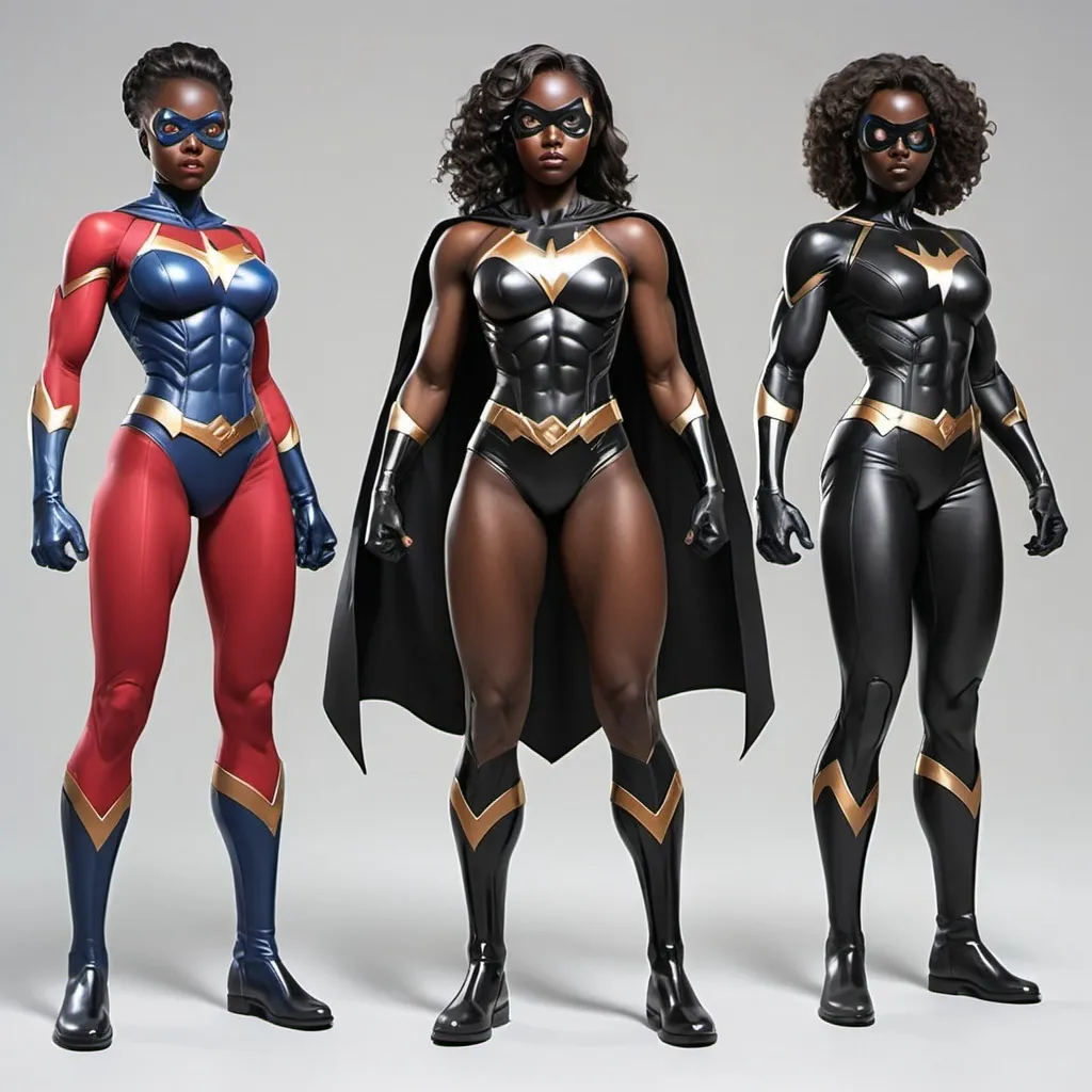 Prompt: Full body black skin  five female superhero futuretic 