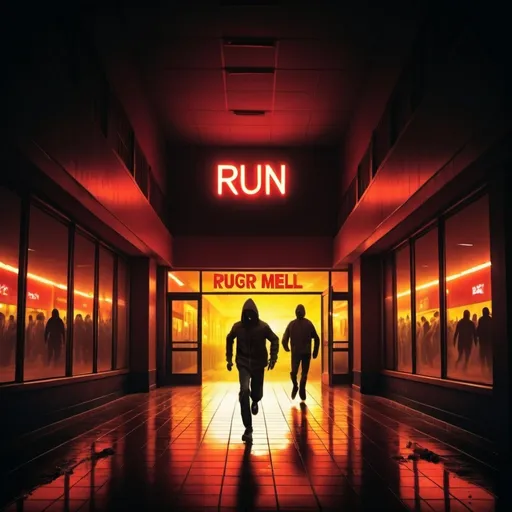 Prompt: a horror movie poster titled "RUN", with a haunted shopping mall at night, with a sinister red and yellow glow emanating from the windows , 27 years old men get trapped and seamless 