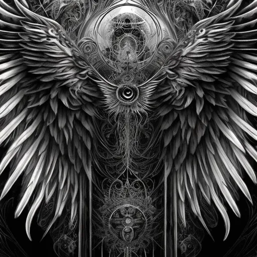 Prompt: Dominion, multiple intricate wings with eyes, black and white, high-res, heavenly and mystic, celestial linework, multiple detailed eyes on wings, highly detailed feathers, high contrast, Todd McFarlane style, ancient and powerful, heavenly and astral being, Catholic icon, intricate linework, biblical