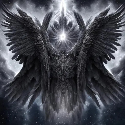 Prompt: Majestic celestial guardians with detailed feathers and wings, heavenly mysticism, black and white, high res, detailed, multiple eyes, strong, atmospheric lighting, detailed eyes, celestial, majestic