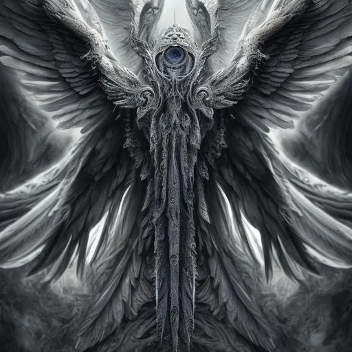 Prompt: Seraph with multiple intricate wings, detailed feathers, multiple detailed eyes on wings, celestial, ancient, powerful, heavenly, mystic, high-res, black and white, realism, Catholic, biblical, heavenly, astral being, multiple wings, detailed, professional, intricate, mystical, ethereal, mystical lighting, monochrome
