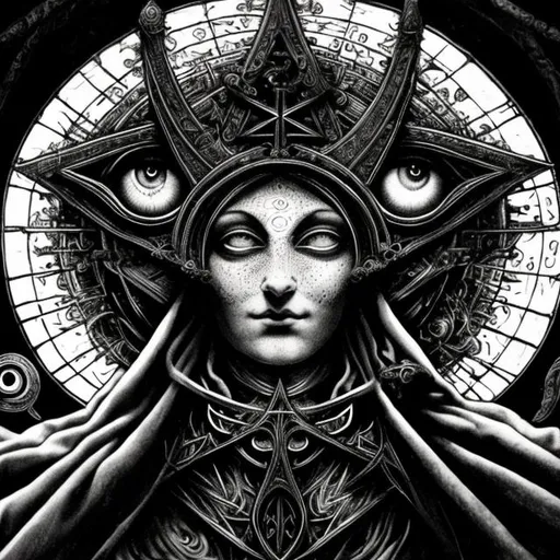 Prompt: Divine, all-seeing, protector of all, symbolism, black and white, cosmic order, transcendence, detailed eyes, symbolism, high res, ultra-detailed, gothic, cosmic, monochrome, majestic, atmospheric lighting, Christianity, Renaissance, multiple eyes, insight,
