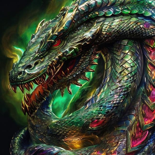 Prompt: Sleek dragon coiled on the forearm, emerald, sapphire, crimson scales, golden eyes exuding wisdom, Celtic-patterned wings, swirling smoke, and stars, modern masterpiece, high res, ultra-detailed, mythical creature, Celtic, primordial essence, detailed scales, professional, atmospheric lighting, majestic colors