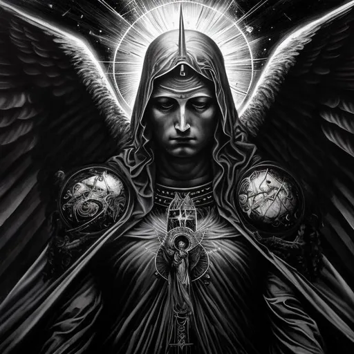 Prompt: Divine, all-seeing archangel, protector of all, symbolism, oil painting, black and white, cosmic order, transcendence, detailed eyes, symbolism, high res, ultra-detailed, gothic, cosmic, monochrome, majestic, atmospheric lighting, Christianity,